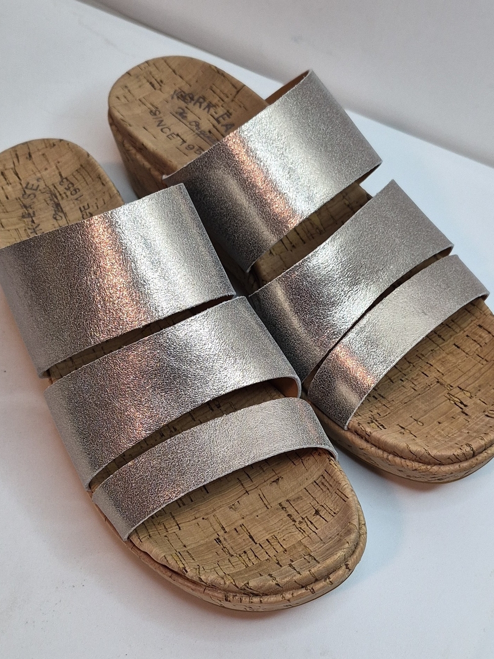 Kork-Ease Silver Metallic Triple-Strap Cork Slide Sandals - Women Size 9M